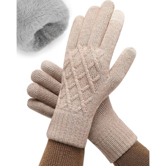 🆕Women Beige Winter Warm Touchscreen Texting Knit Thermal Wool Lining Gloves - Picture 2 of 8